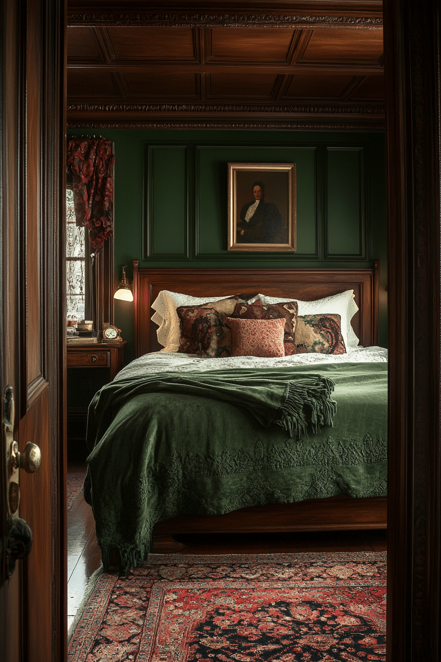 Hunter green bedroom with metallic accents