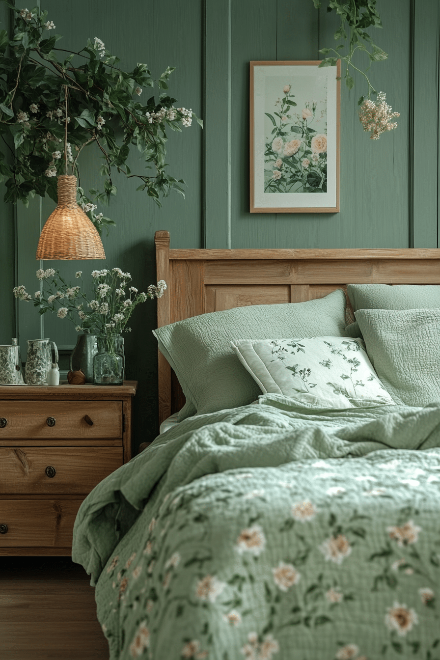 Moss green bedroom with light wood and floral decor