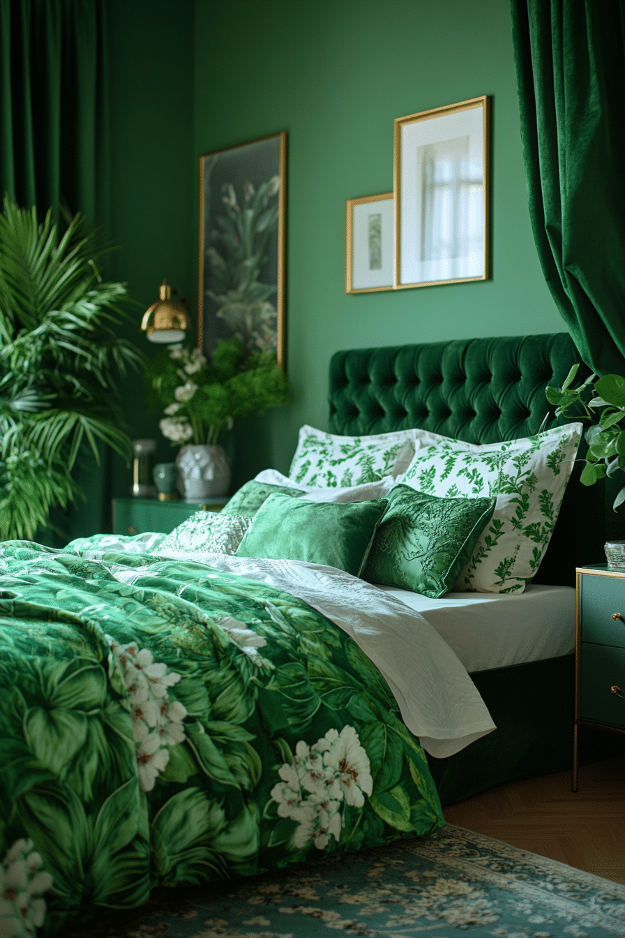Velvet green bedroom with brass accents