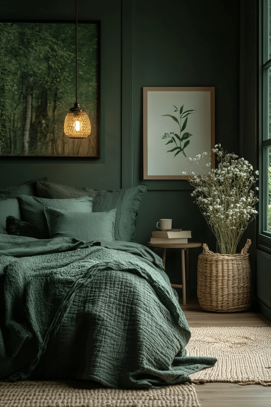 Deep green bedroom with neutral accents