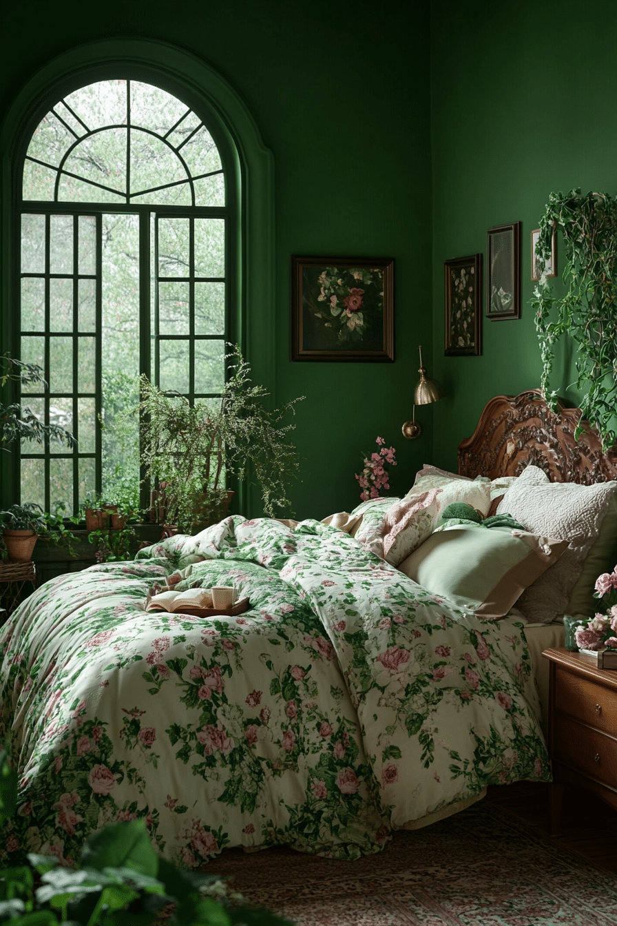 Lush green bedroom with gold and natural elements