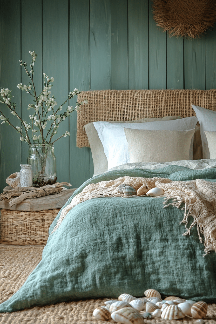 Coastal green bedroom with sandy tones