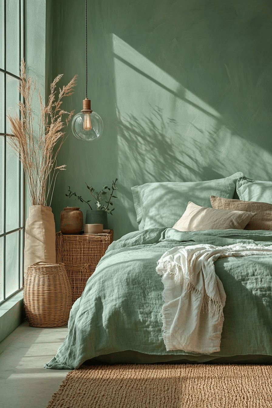 Sage green bedroom with natural textures