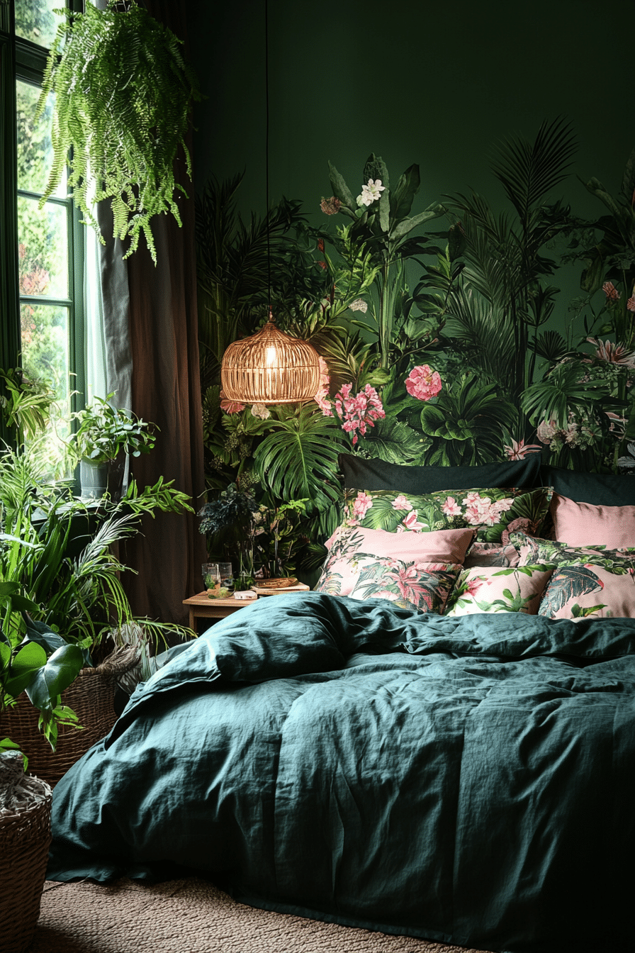 Midnight jungle bedroom with tropical prints