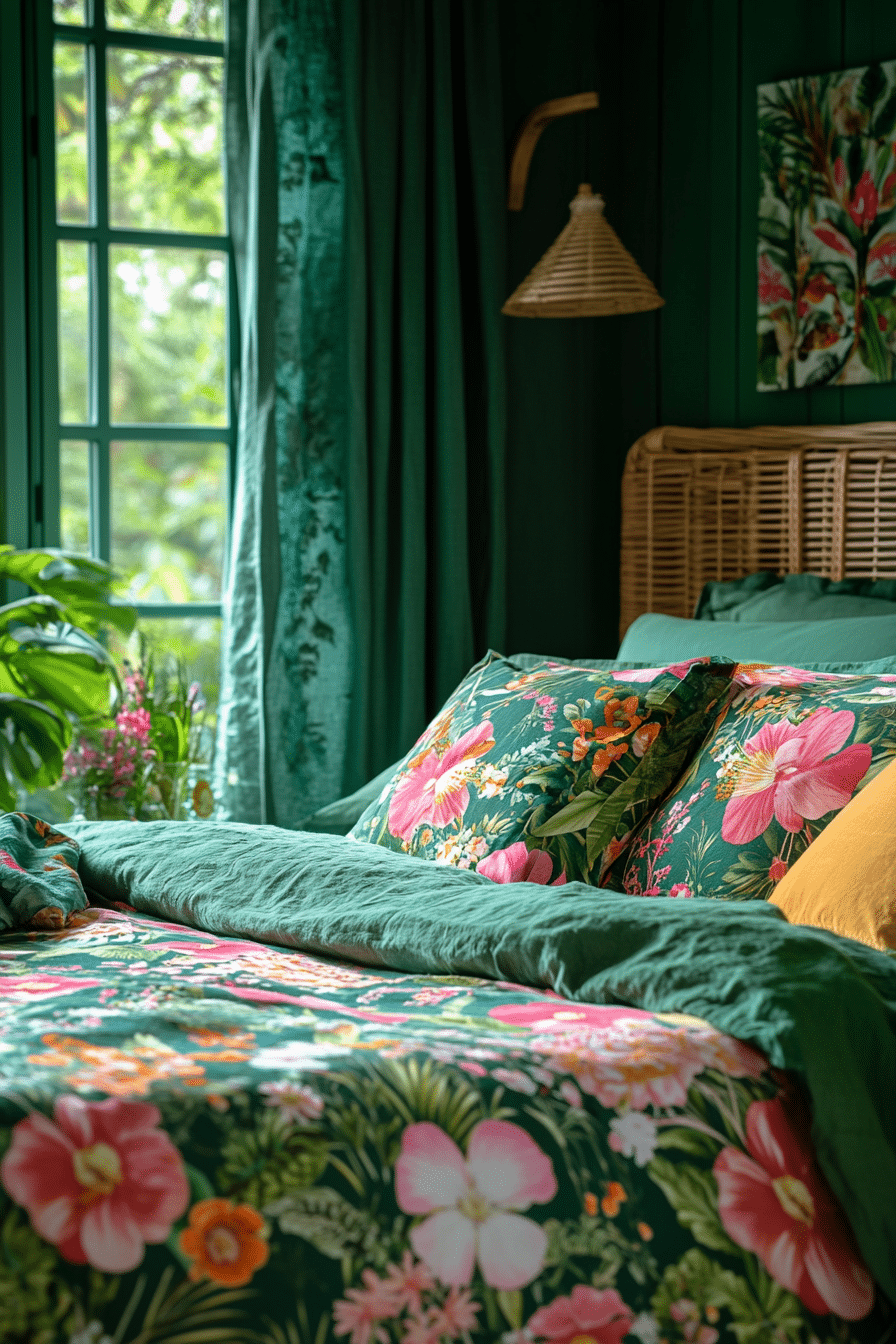 Tropical green bedroom with floral patterns and rattan