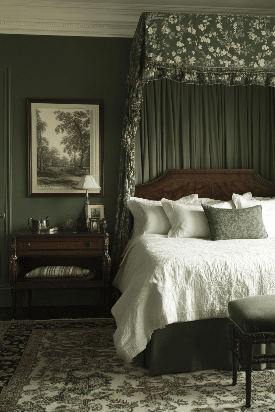 Myrtle green bedroom with metallic finishes