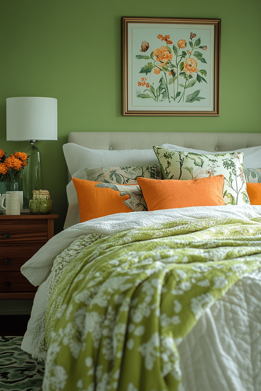 Basil green bedroom with white accents