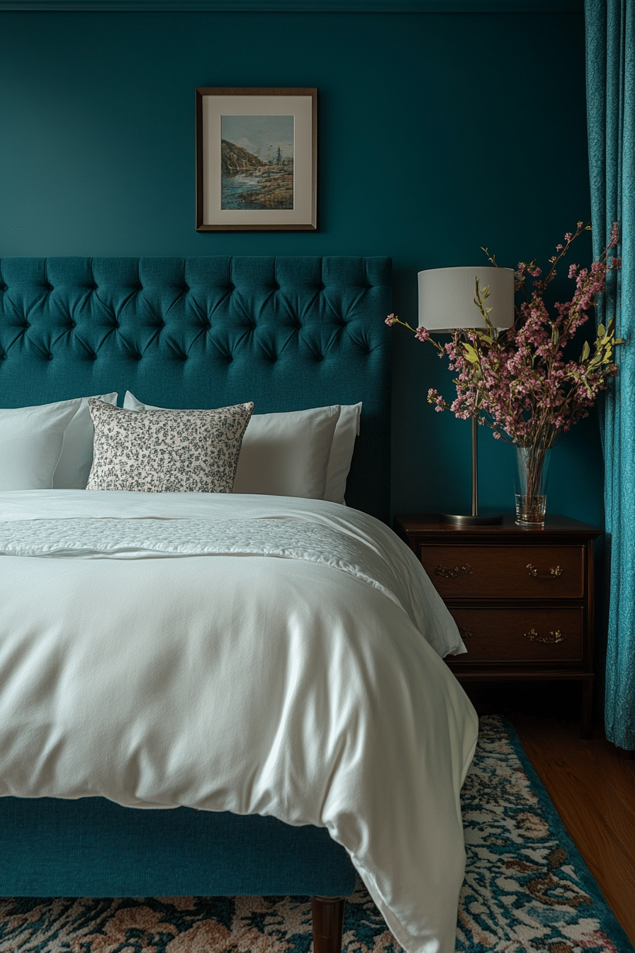 Teal green bedroom with silver accents