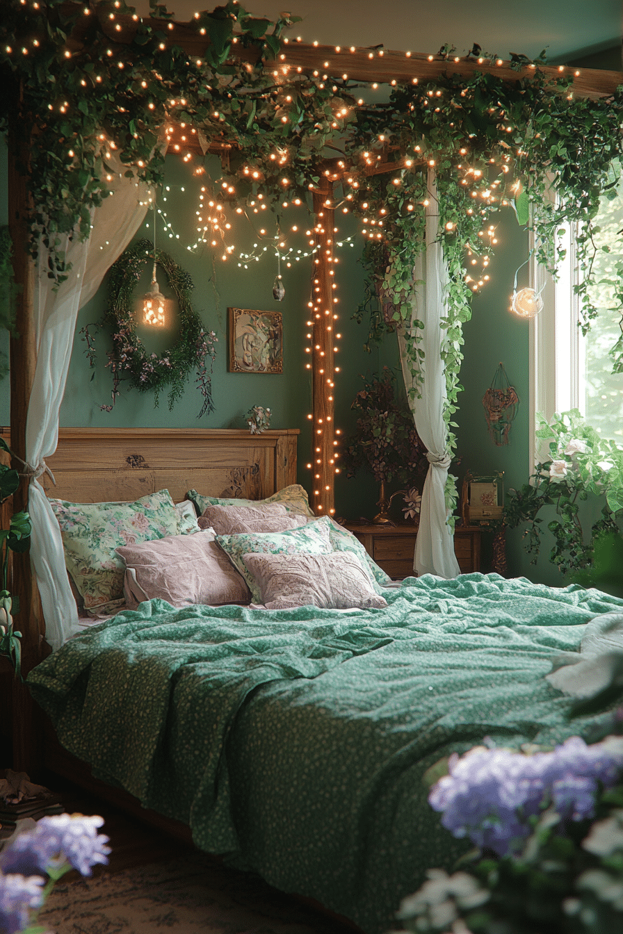 Dark fern green bedroom with earthy textures