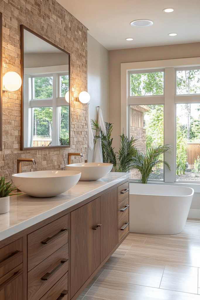 Mid-century bathroom with wood accents and frameless mirrors