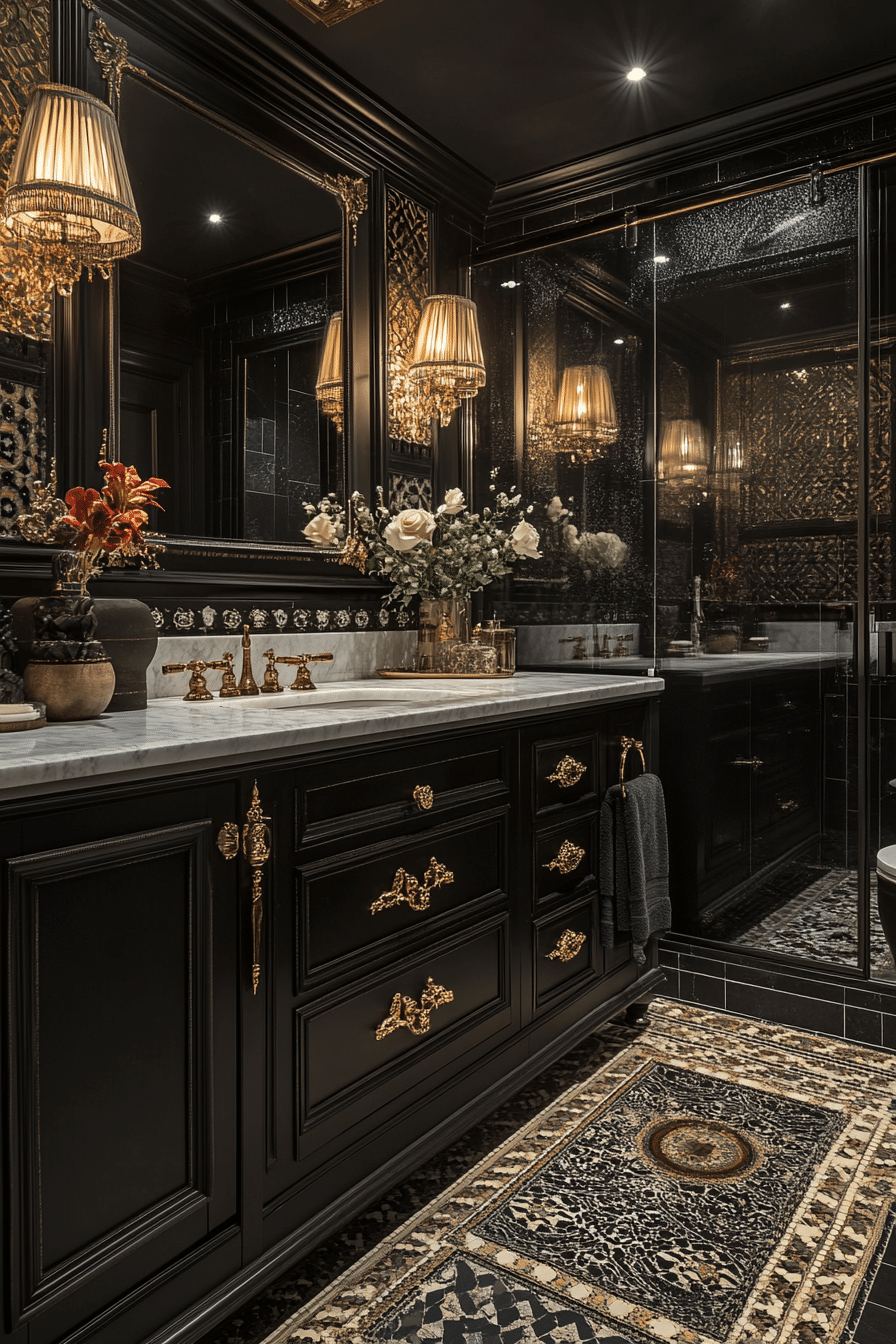 Bathroom featuring Art Deco patterns and marble surfaces
