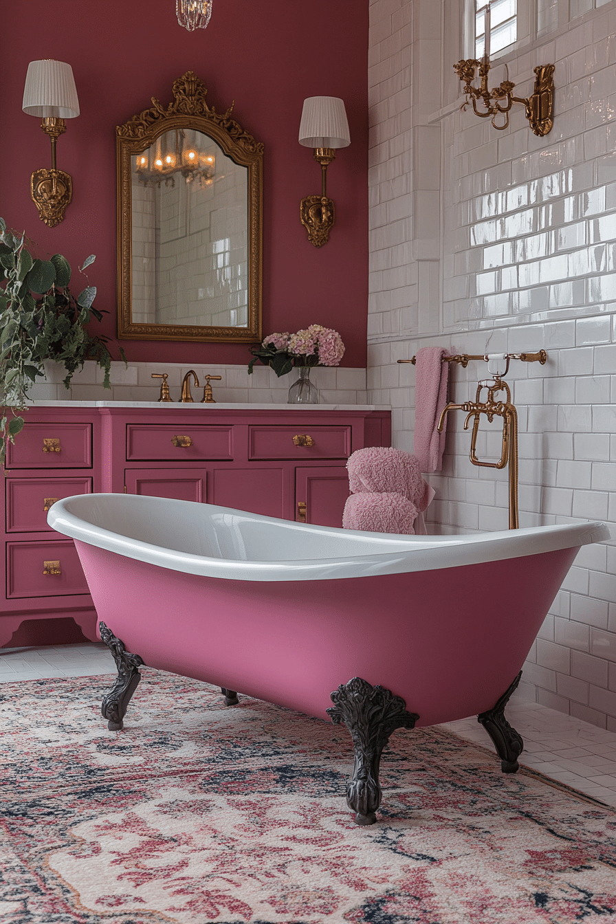 Bathroom with rich colors and gold fixtures