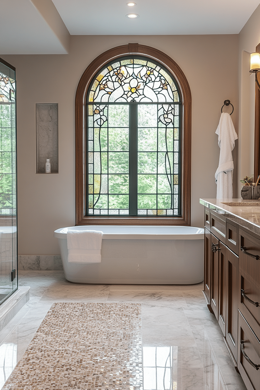 Bathroom with botanical tiles and natural color palette