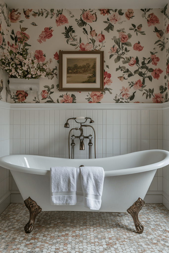 Cozy bathroom with plush accents and classic fixtures