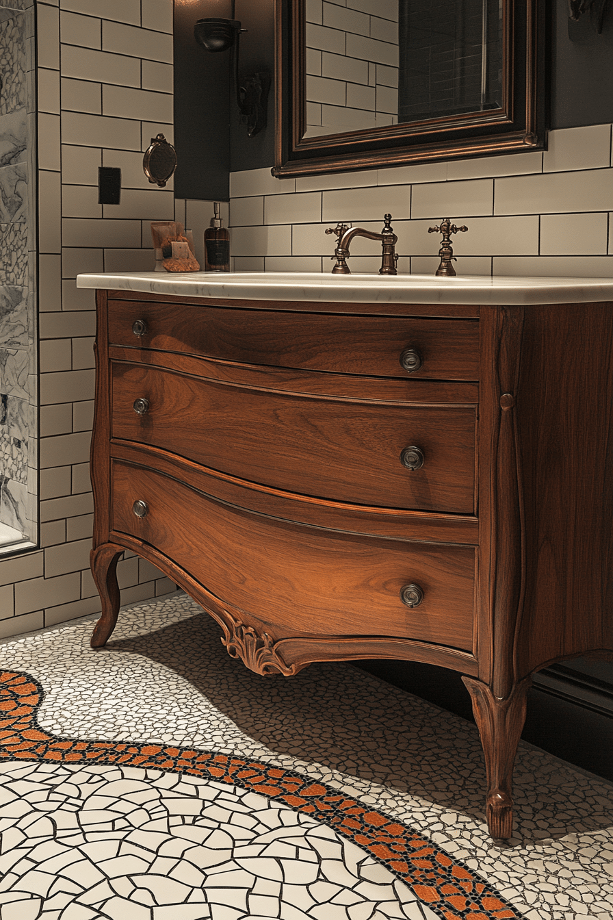 Bathroom with stained glass and curved lines