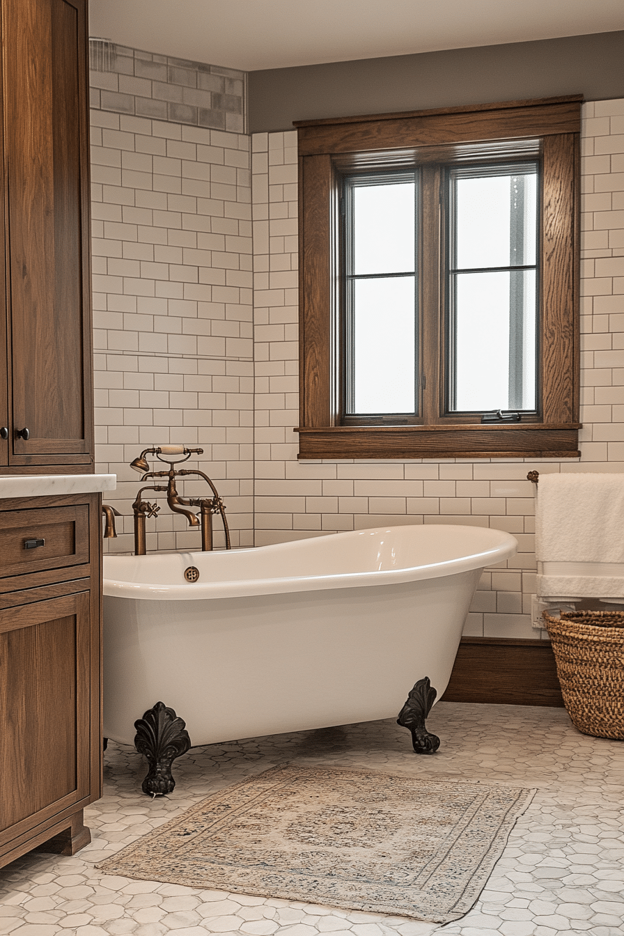 Freestanding tub and elegant sink in Edwardian style bathroom
