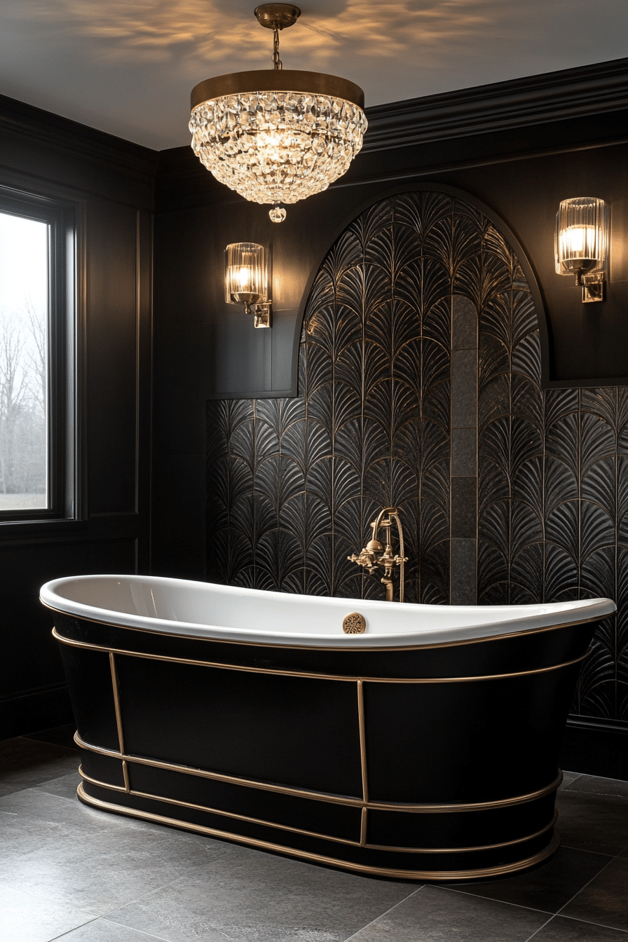 Bathroom with gold accents and Art Deco patterns