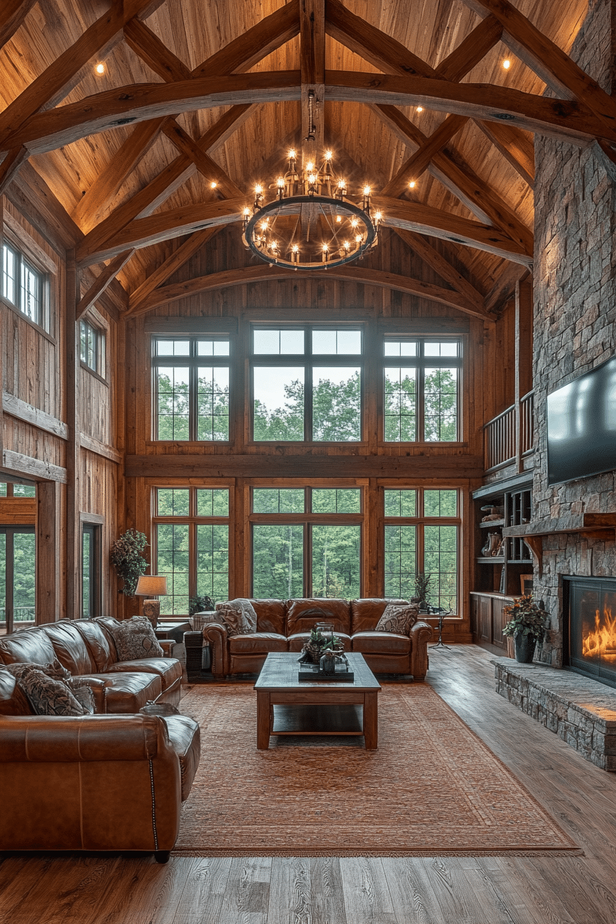 Barn house showcasing exposed timber framing and wood finishes