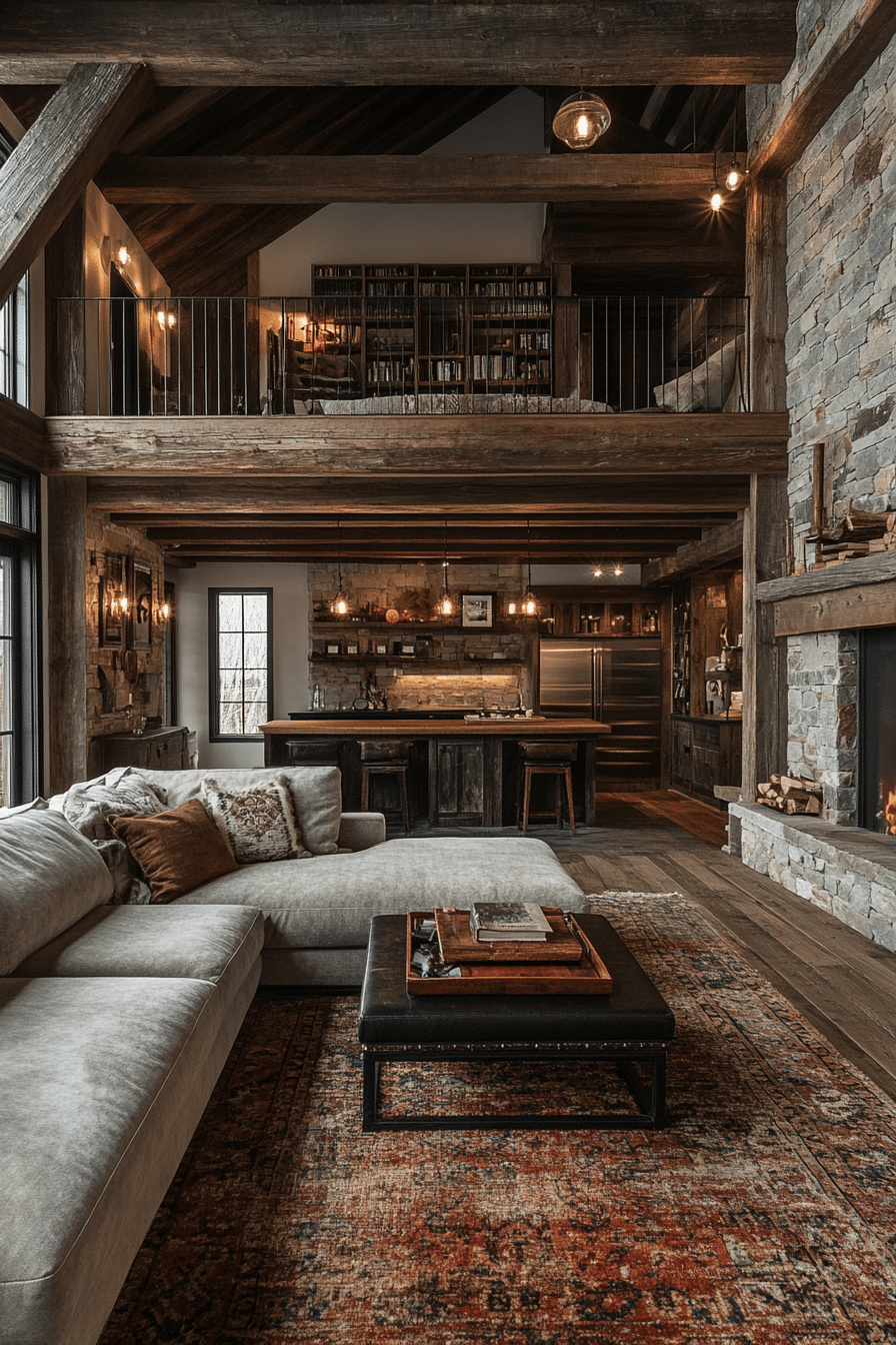 Multi-level barn house with lofts and balconies