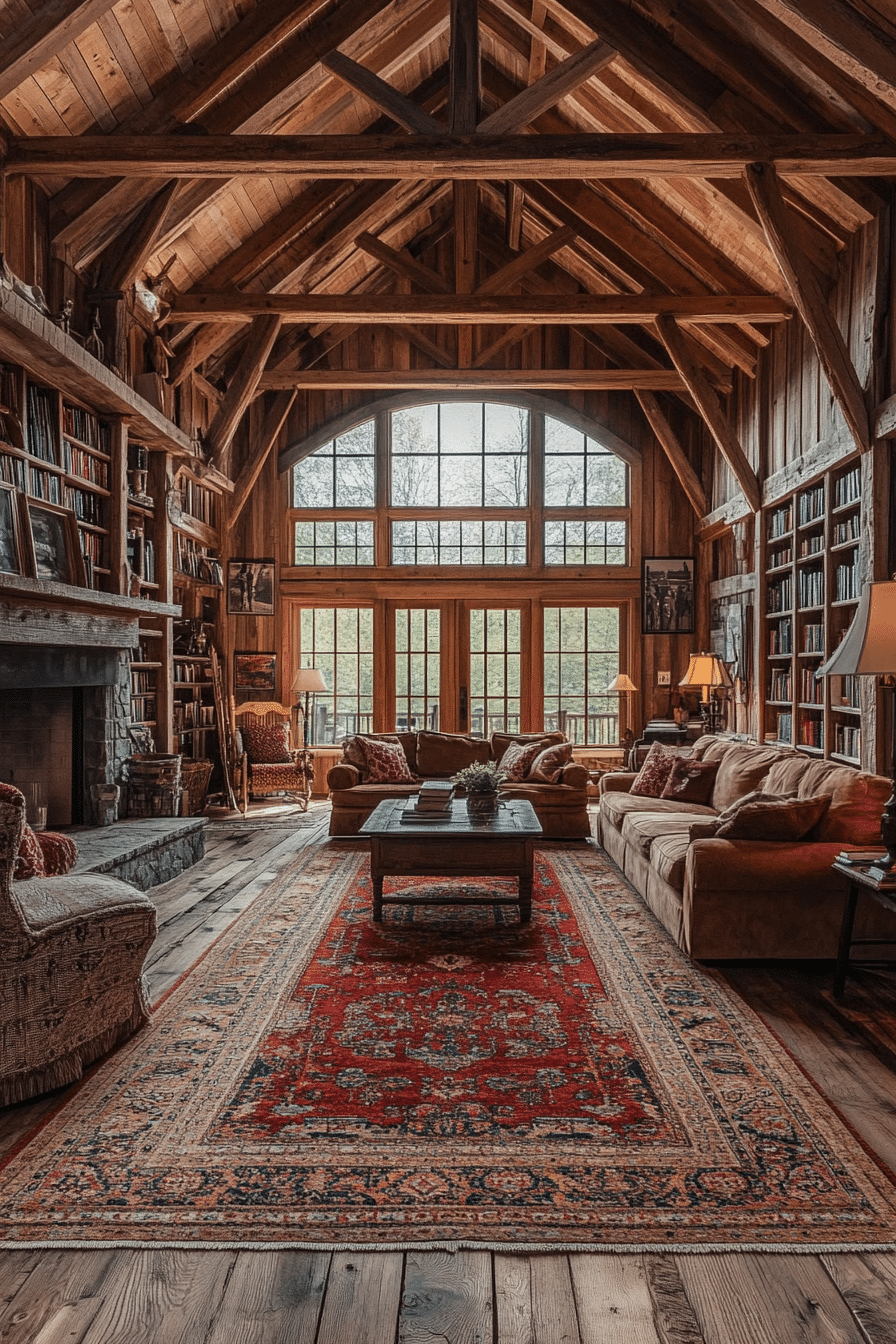 Traditional wooden barn house with steep roof and rustic materials