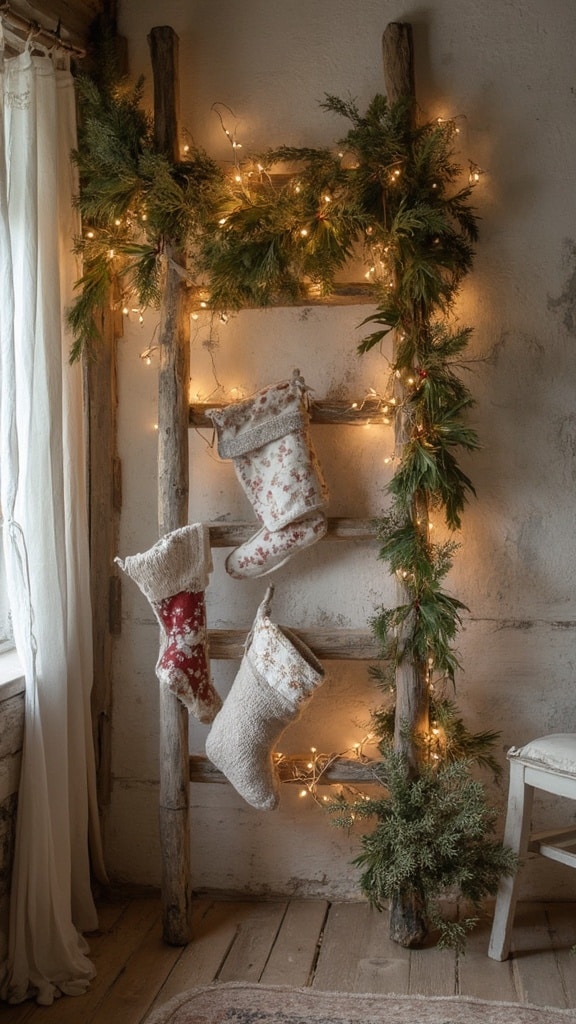Rustic wooden ladder displaying Christmas stockings