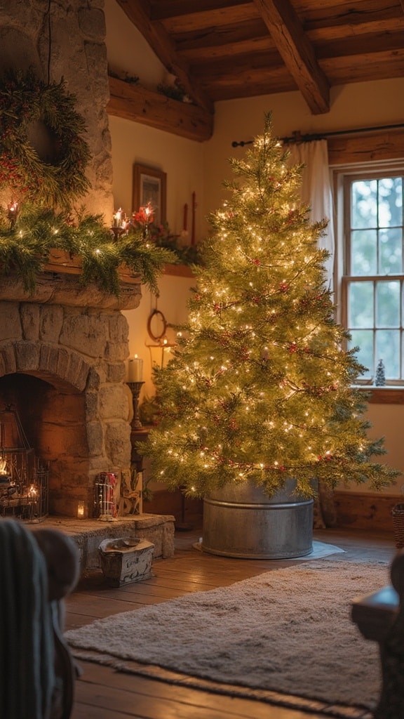 Christmas tree in galvanized metal bucket stand