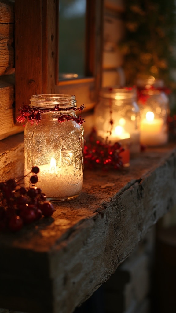 Mason jar candleholders with cinnamon sticks and red berries