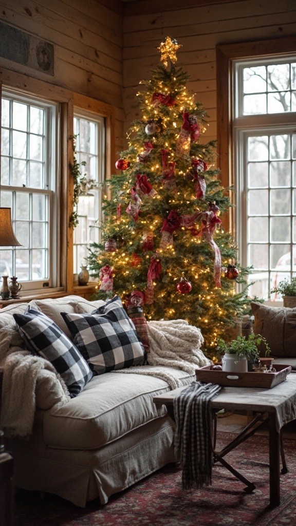 Buffalo check pillows and ribbons in holiday decor