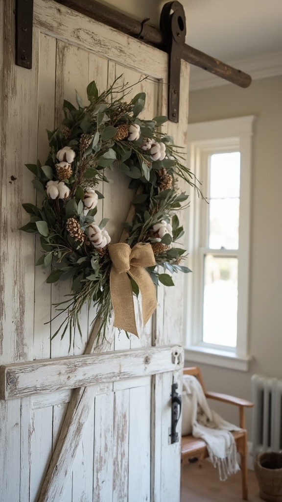 Farmhouse wreath with cotton stems and burlap ribbon