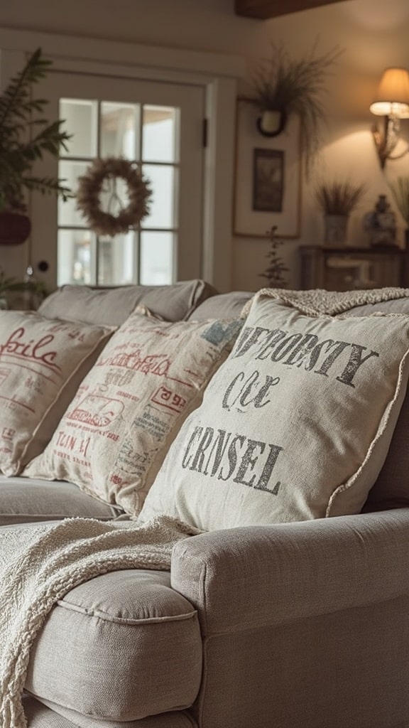 Grain sack throw pillows in neutral tones on a sofa