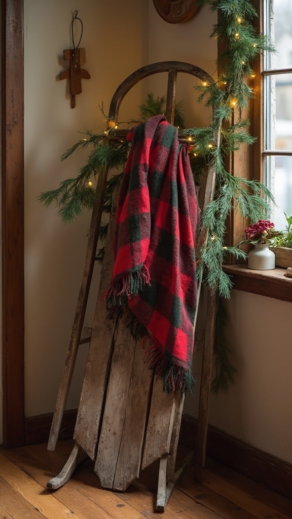 Vintage wooden sled decorated with plaid blanket and pine garland
