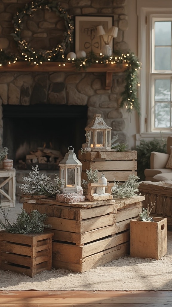 Stacked wooden crates decorated with pine branches and lanterns