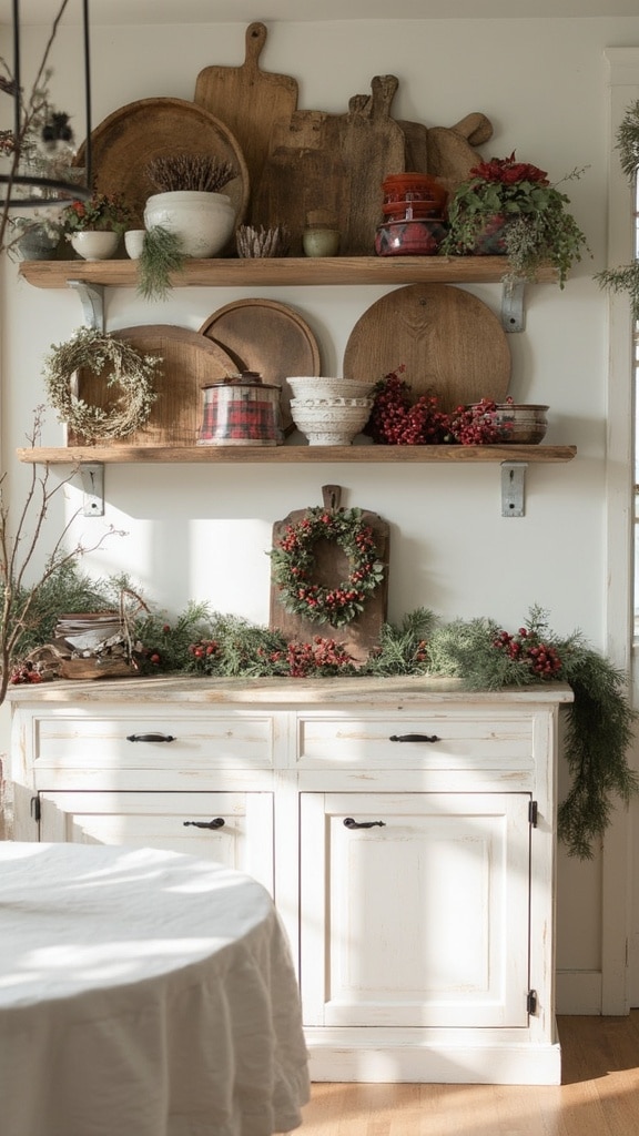 Open shelves decorated with holiday items like cutting boards and mini wreaths