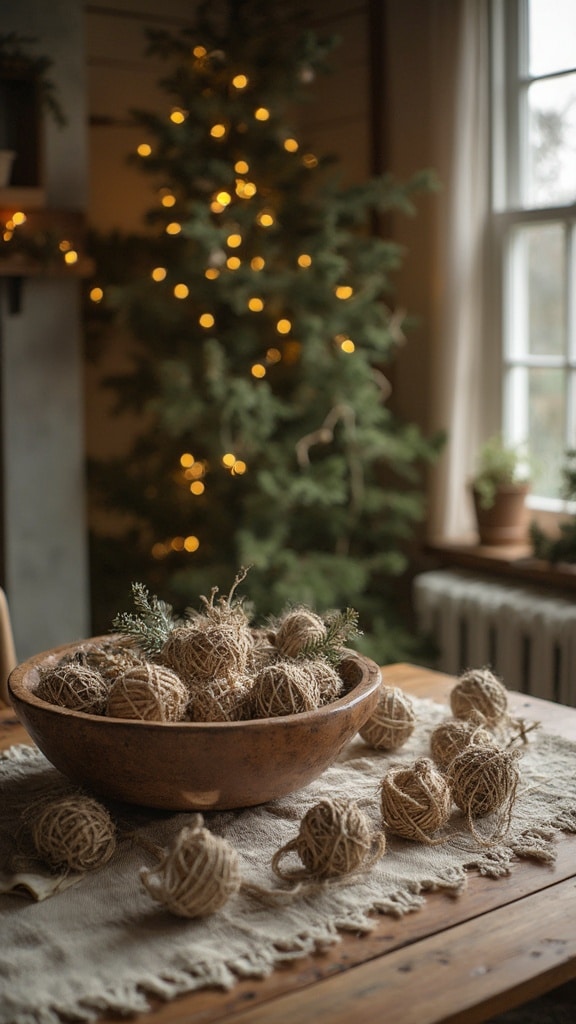 Christmas ornaments wrapped in natural twine
