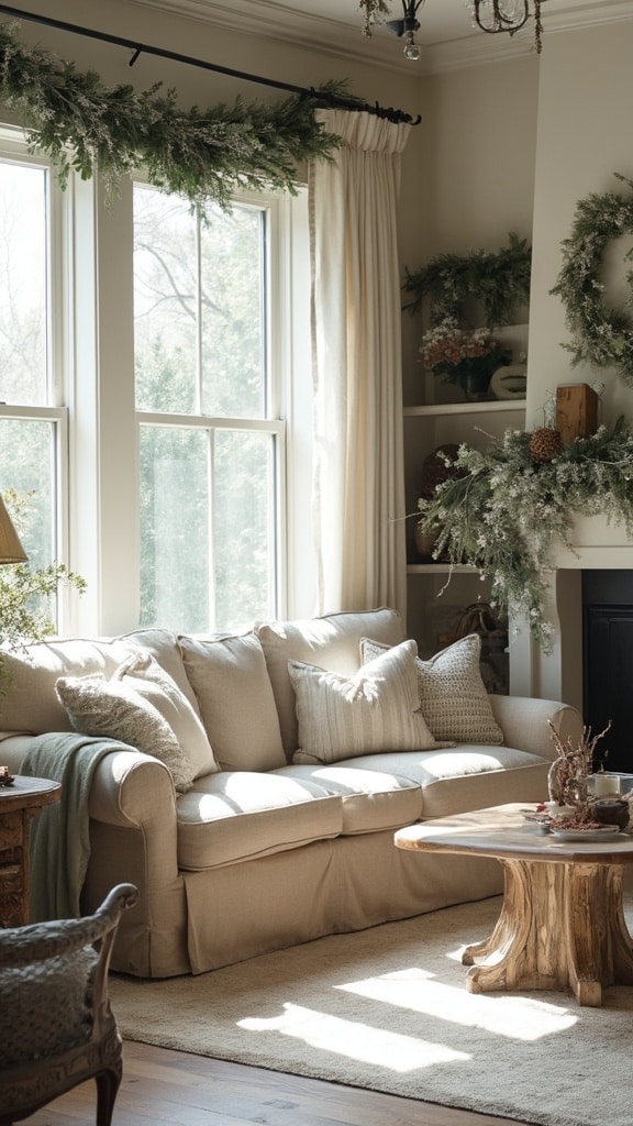 Arrangement of muted greenery and pinecones