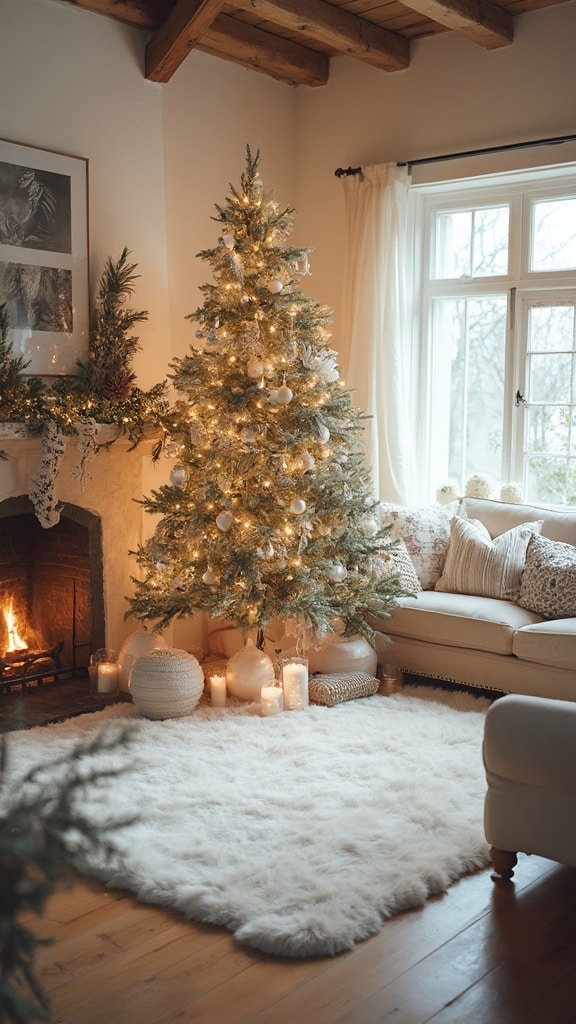 Soft faux fur tree skirt under Christmas tree