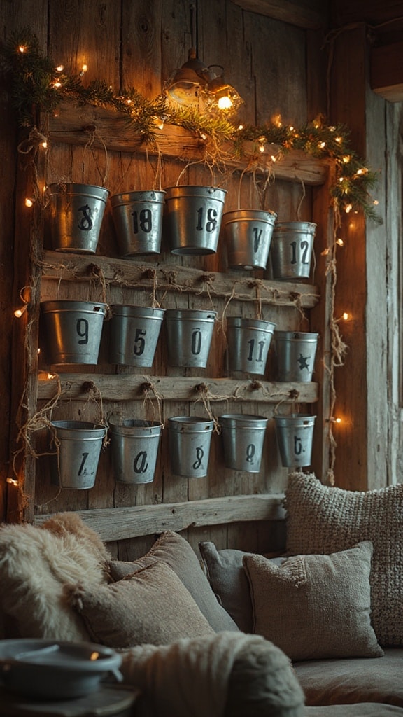 Galvanized metal bucket advent calendar with twine