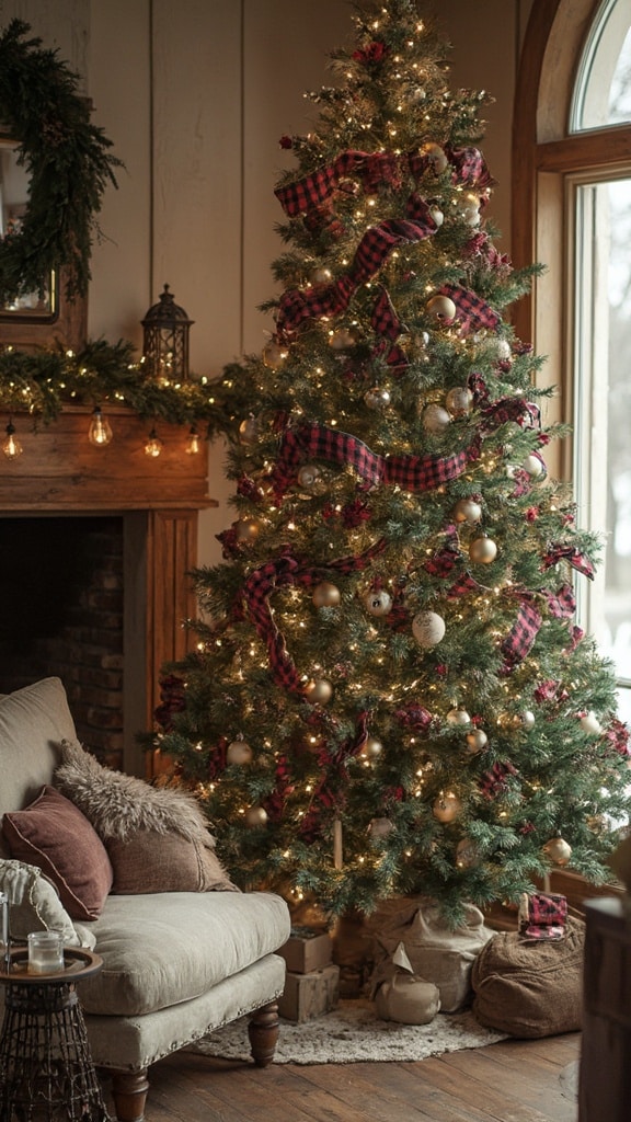Christmas tree decorated with plaid ribbons