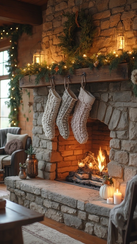 Large knitted Christmas stockings hanging on mantle