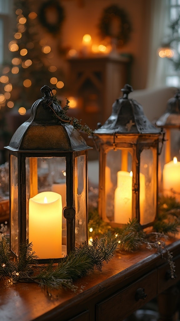 Rustic lanterns with candles and holly accents