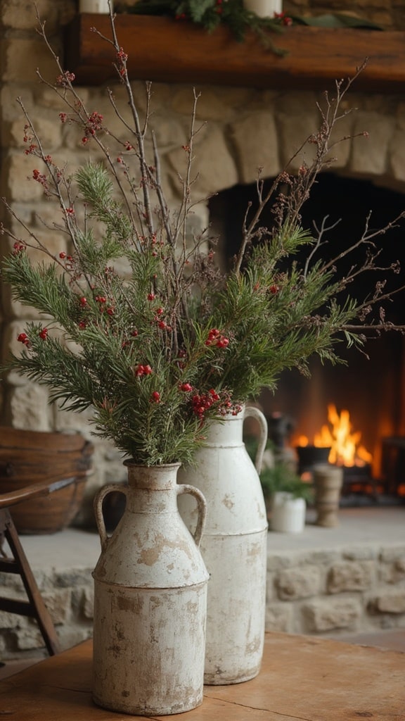 Antique milk jug used as vase with evergreen branches