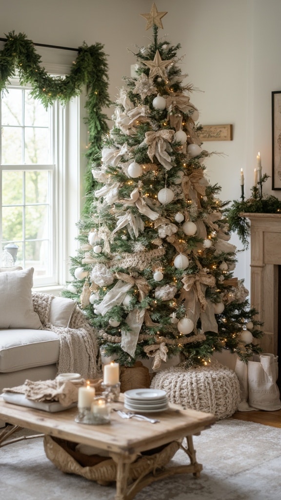 Christmas tree decorated in neutral tones with natural accents