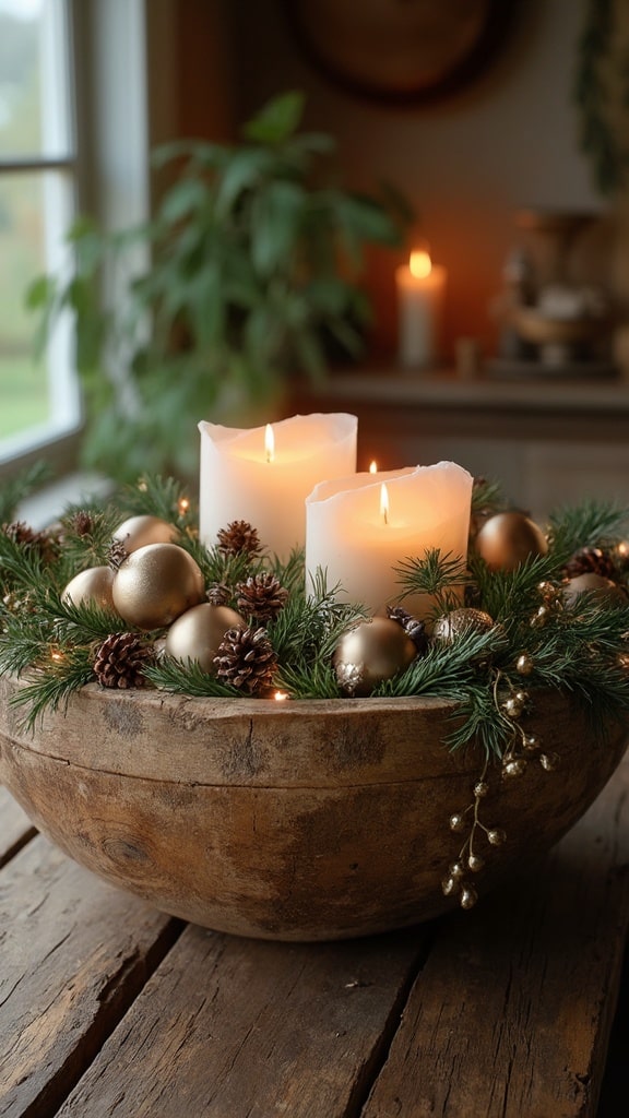 Distressed wooden dough bowl filled with ornaments and greenery