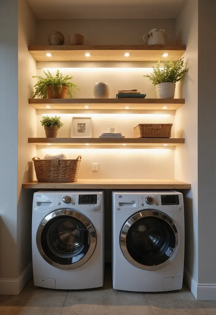Floating Shelves with Built-In Lighting in Laundry Nook