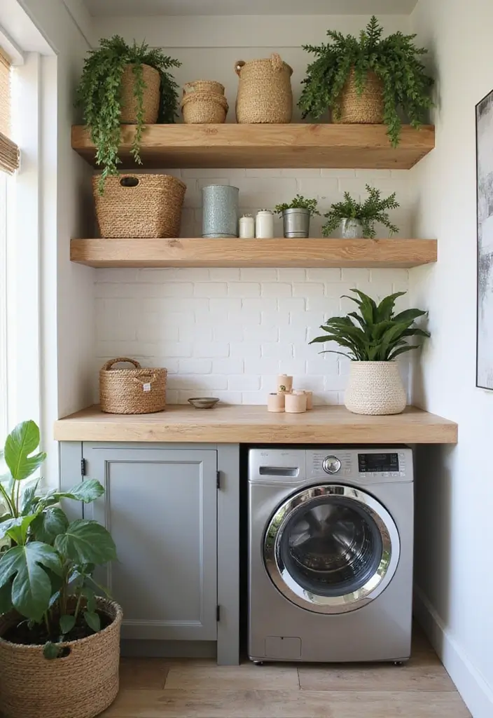 Natural Wood Floating Shelves with Eco-Friendly Baskets