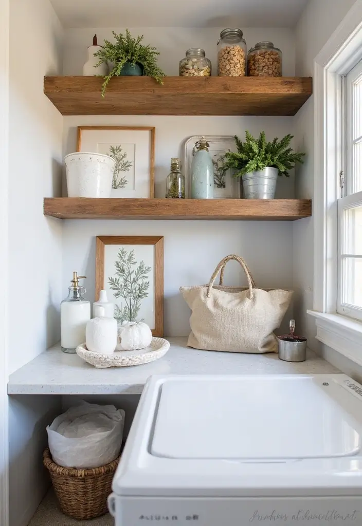 Floating Shelves with Seasonal Decor in Laundry Nook