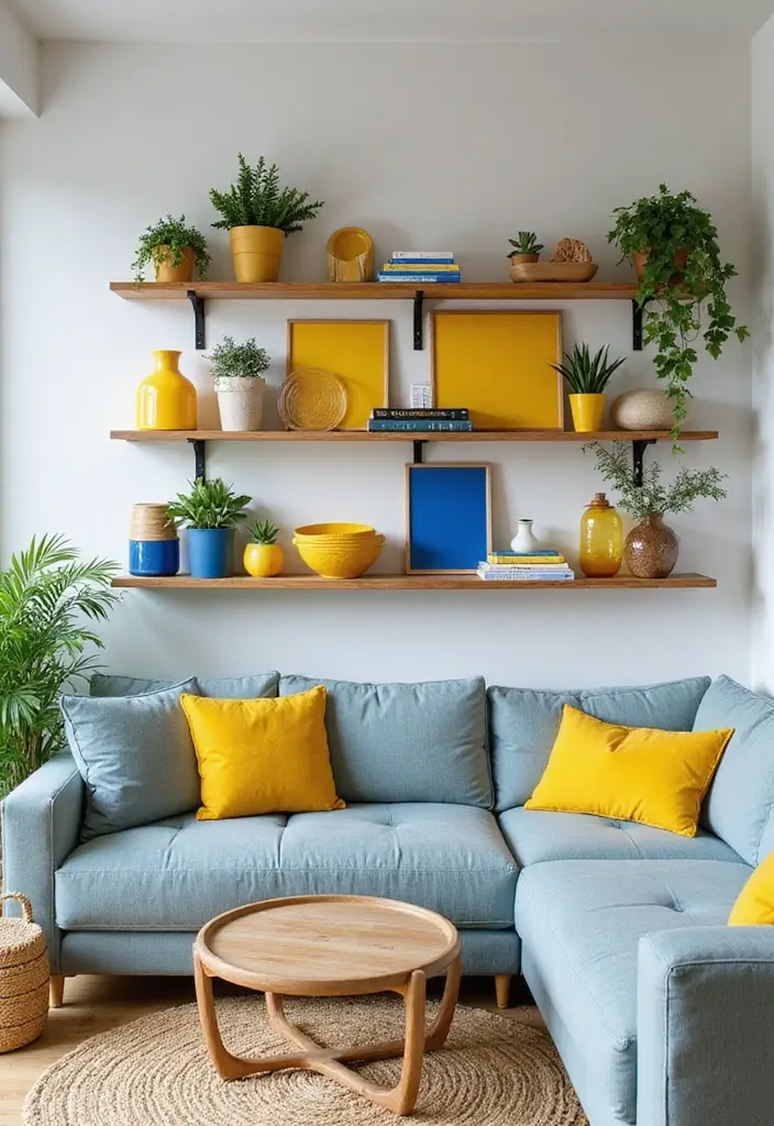 Open Shelving with Yellow and Blue Decor