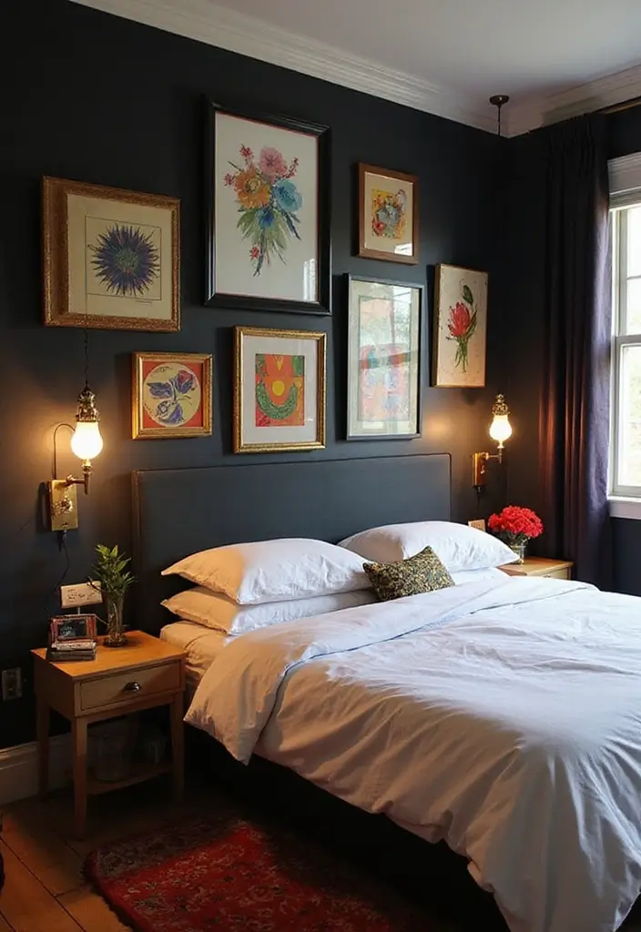 Artistic Bedroom with Black Accent Wall
