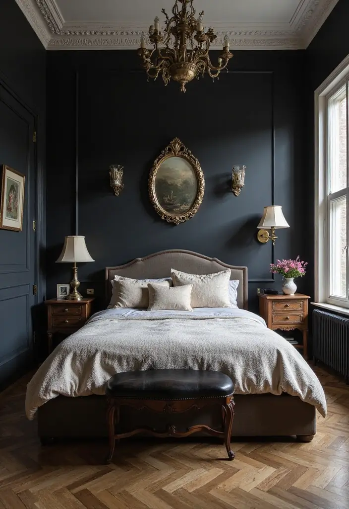 Vintage Style Bedroom with Black Accent Wall