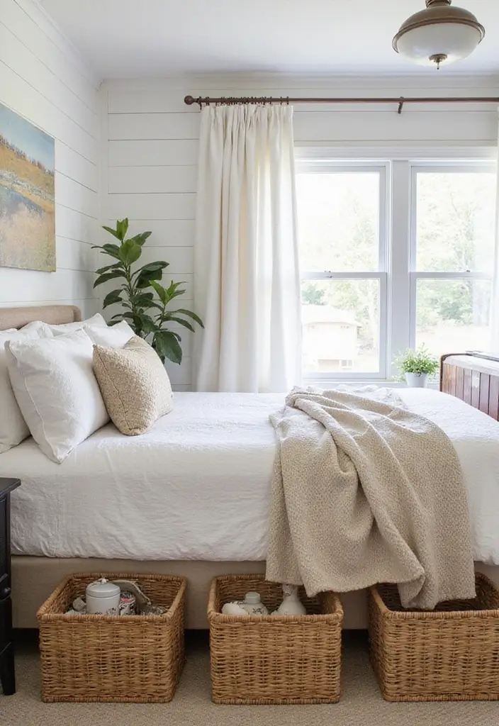 Vintage Baskets in Farmhouse Bedroom